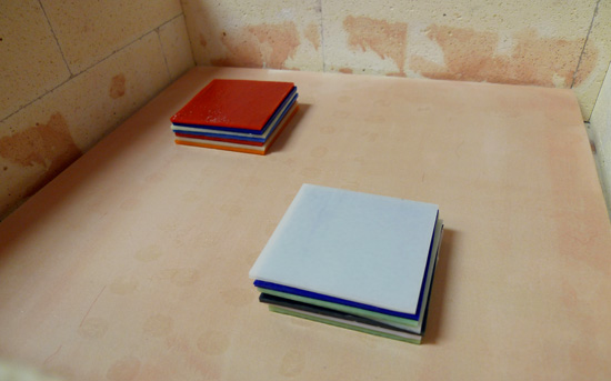 Glass stacked in the kiln ready to be fused.
